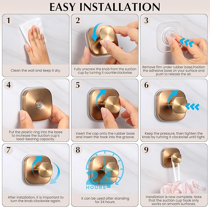 warlve Suction Cup Hooks for Shower - Reusable No-Drill Mounting - Hooks for Towels, Robes & Loofah on Metal, Glass, Mirrors, Tile & Smooth Non-Porous Surfaces (2, Champagne Bronze)