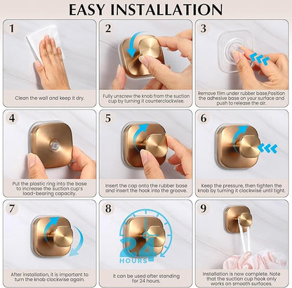 warlve Suction Cup Hooks for Shower - Reusable No-Drill Mounting - Hooks for Towels, Robes & Loofah on Metal, Glass, Mirrors, Tile & Smooth Non-Porous Surfaces (2, Champagne Bronze)