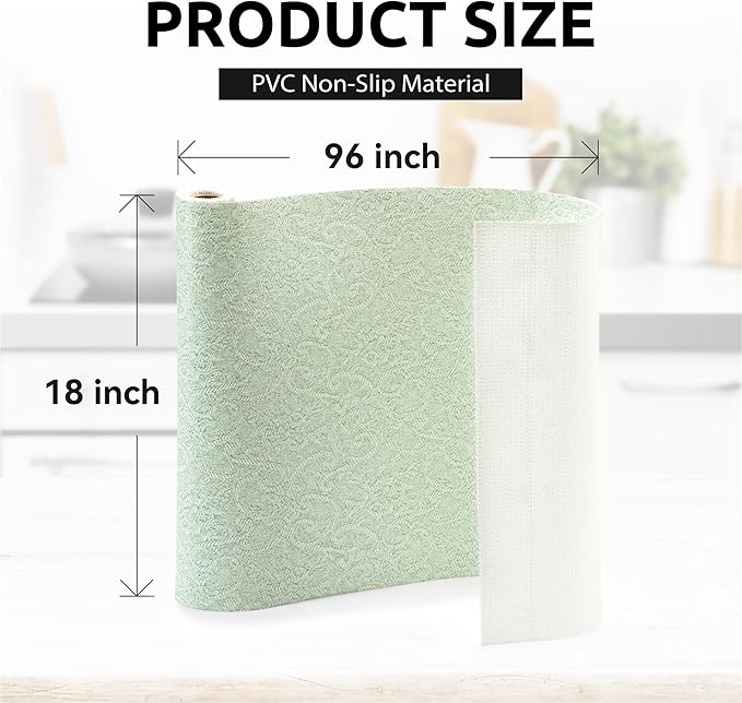 FIFTY FEET 18X96 Inch Shelf Liner with Scissor & Tape Measure for Kitchen Cabinets, PVC Drawer Liner for Dresser Non-Slip Bathroom, Non-Adhesive Cabinet Liner Washable (Green)