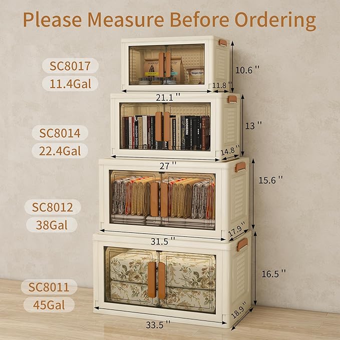 Vavkorkula Plastic Stackable Storage Bins with Lids and Wheels, 358.4QT-89.6QT*4Tier Foldable Closet Organizers and Containers, Collapsible Clear Drawer Storage Cabinet with Doors Ivory White