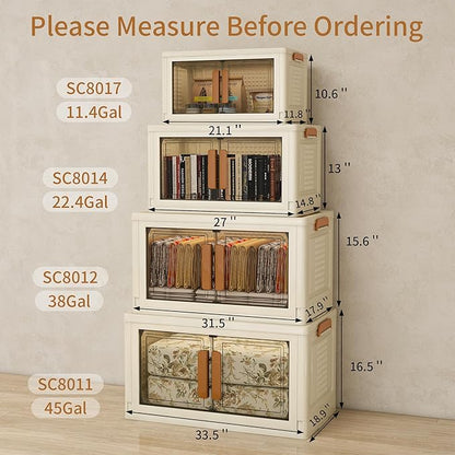 Vavkorkula Plastic Stackable Storage Bins with Lids and Wheels, 358.4QT-89.6QT*4Tier Foldable Closet Organizers and Containers, Collapsible Clear Drawer Storage Cabinet with Doors Ivory White