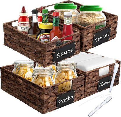 Set of 4 Sizes Hand-Woven Pantry Shelf Baskets, Hyacinth Storage Baskets with Chalkboard Labels & 2 Chalk Markers, Wicker Nestable Basket Set for Organizing Pantry Kitchen Laundry Shelves (Brown)
