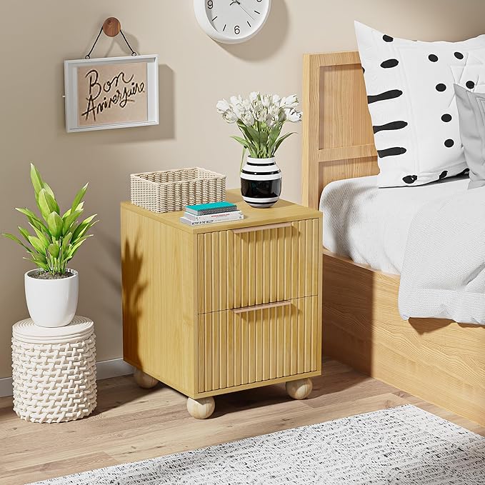 HOCAT Fluted Nightstand Set of 2, Natural Oak Finish Bedside Table with Spacious Storage Drawers, Night Stand with Solid Wood Round Legs for Bedroom, End Table, Side Table