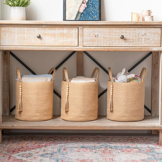 Mkono Woven Storage Basket Decorative Natural Rope Basket Wooden Bead Decoration for Blankets,Toys,Clothes,Shoes,Plant Organizer Bin with Handles Living Room Home Decor (Brown, 28 x 28cm)
