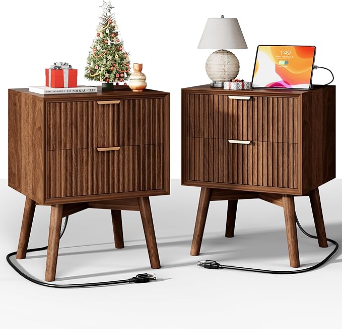 FavourLife Fluted Nightstand, Night Stand Set 2, Nightstands Set of 2 with Beveled Edges & Solid Wood Legs, 2 Drawer Wooden End Table with Charging Station, Modern Bedside Table for Bedroom, Walnut