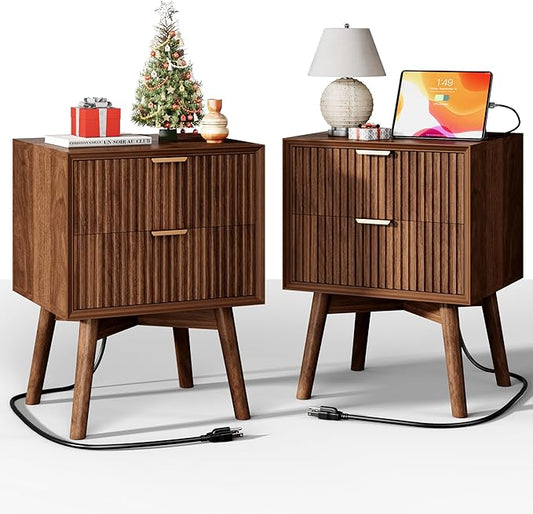 FavourLife Fluted Nightstand, Night Stand Set 2, Nightstands Set of 2 with Beveled Edges & Solid Wood Legs, 2 Drawer Wooden End Table with Charging Station, Modern Bedside Table for Bedroom, Walnut