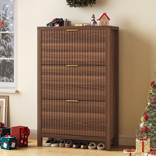 YOMILUVE Shoe Cabinet Storage for Entryway, Fluted Shoe Cabinet with 3 Flip Drawers, Hidden Shoe Rack Tall Freestanding Shoe Organizer with Legs for Hallway, Walnut