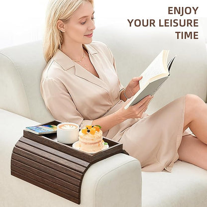 Couch Arm Tray, Anti-Falling Bamboo Sofa Armrest Tray Table, Foldable & Portable Armrest Tray Cup Holder Side Table for Drinks, Coffee, Phone, Snacks, Remote