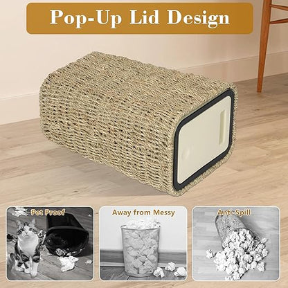 Boho Trash Can with Lid,3 Gallon Small Rattan Trash Can with Press Top Lid,Slim Wicker Waste Basket and Hamper 2 in 1 for Bathroom,Seagrass Woven Garbage Can Trash Basket for Bathroom,Kitchen