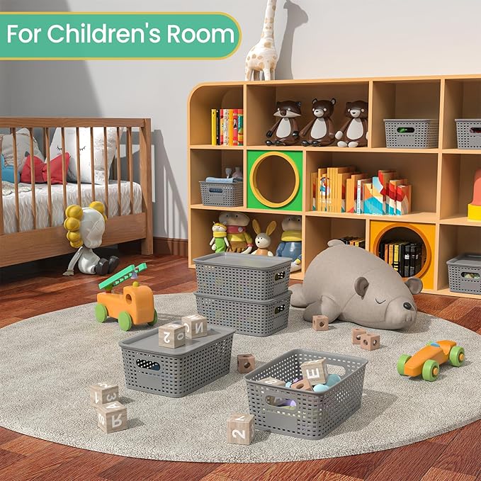 Plastic Storage Baskets with Lid-Plastic Storage Containers Stackable Storage bins: Storage Baskets for Organizing Shelves Drawers Desktop Closet Playroom Classroom Office, 8Pack-Gray,10.2x7.2x4.1Inch
