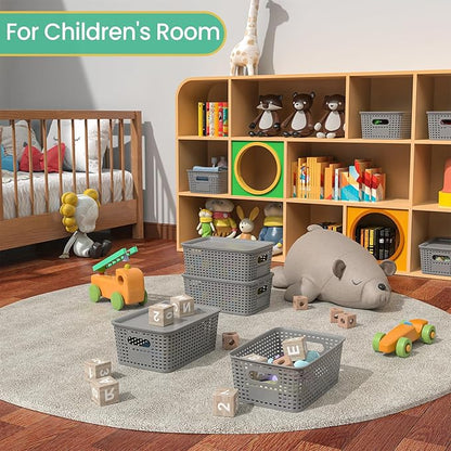 Plastic Storage Baskets with Lid-Plastic Storage Containers Stackable Storage bins: Storage Baskets for Organizing Shelves Drawers Desktop Closet Playroom Classroom Office, 8Pack-Gray,10.2x7.2x4.1Inch