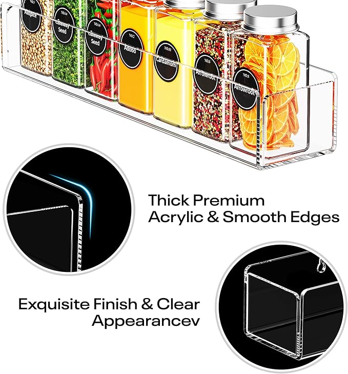 Wall Mounted Acrylic Spice Rack 2 Pack, 9 Inch Clear Pantry Door Organizer, Floating Spice Organizer, Adhesive or Screw Mounted Cabinet Seasoning Shelf