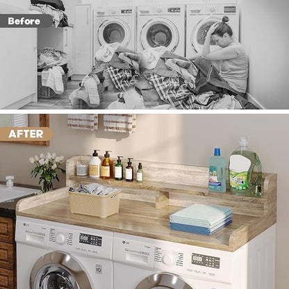 2-Tier Washer Dryer Countertop with 2.75" H Edge Rails, 58" W x 28" D Laundry Countertop for Folding Clothes, Washer and Dryer Topper with Non-Slip Pad (White Oak)