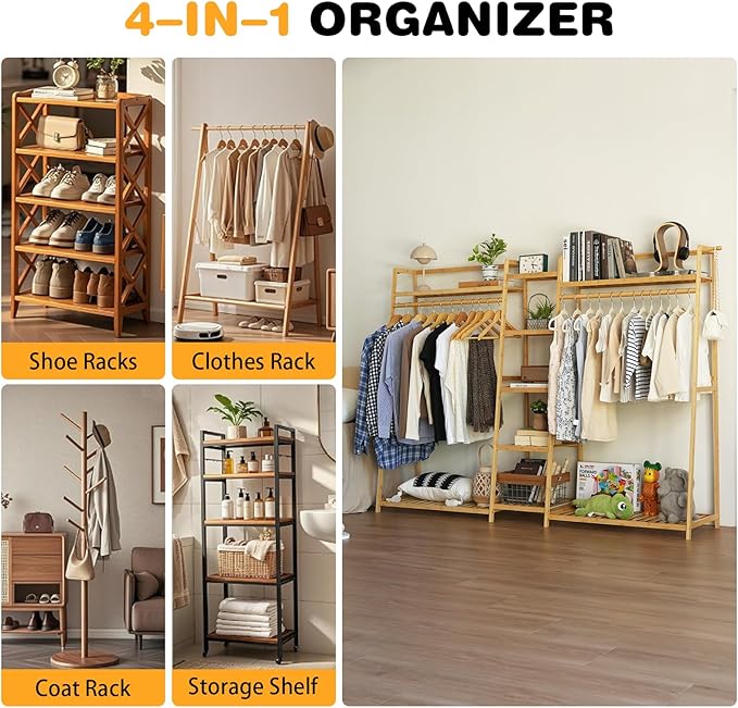 Bamboo Garment Rack 9 Tier Storage Shelf Coat Clothes Hanging Rack, Portable Wardrobe Closet Organizer With Top Shelf, Shoe Storage Shelves for Bedroom (Natural - 74.8 in)