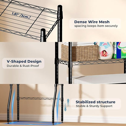 Laundry Room Storage Shelf & Organizer, 3 Tier Over Metal Washer and Dryer Shelves, Washing Machine Shelf, Adjustable Height & Feet, Bathroom Space Saver Shelf, 23.6" L x 13.8" W x 63.2" H, Black