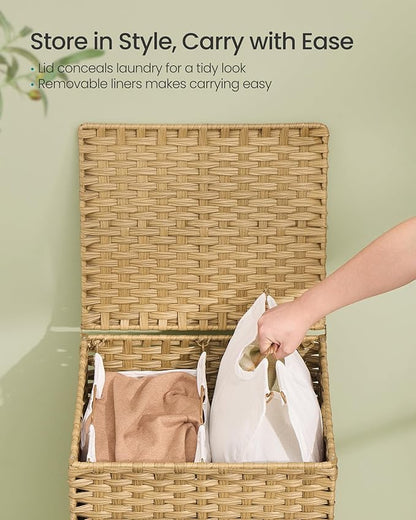 SONGMICS Laundry Hamper with Lid, PE Rattan Laundry Basket with Removable Liner, Storage Basket for Bedroom Living Room, 2-Section Sorter, 29 Gallons (110 L), Goose Yellow ULCB222YE01