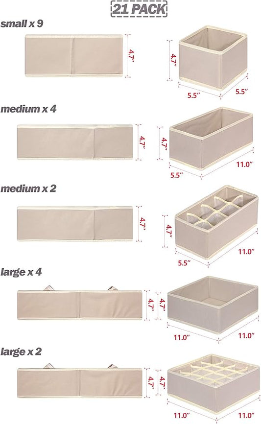 21 Pack Foldable Drawer Organizer Dividers Cloth Storage Box Closet Dresser Organizer Cube Fabric Containers Basket Bins for Underwear Bras Socks Panties Lingeries Nursery Baby Clothes Beige