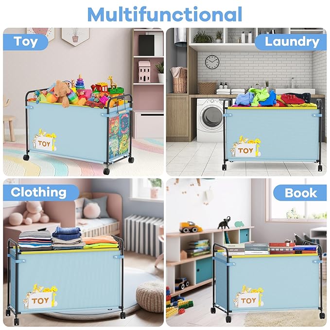 Extra Large Toy Box, 180L Toy Storage Organizer with Wheels, Metal & Oxford Cloth Toy Chest With Handle, Toy Box for Living Room Area, Nursery, Bedroom, Playroom, Toy Boxes for Boys, Girls, Kids