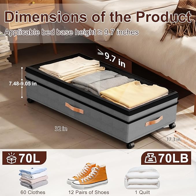 VXEAPADE 2 Pack 70L XXL Under Bed Storage with Wheels - Extra Large UnderBed Storage Containers with Clear Lid & Label, Rolling Storage Bins for Clothes, Shoes, Blankets - Grey