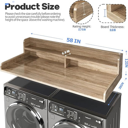 2-Tier Washer and Dryer Countertop with 2.75" H Guard,58" W x 28" D Laundry Countertop Cover with Non-Slip Pad,Large Space Laundry Topper for Folding Clothes Over Washer and Dryer-White Oak