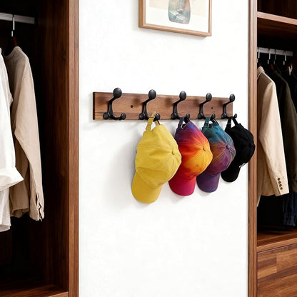 SKOLOO 24-Inch Wood Coat Rack Wall Mount with 5 Triple Hooks - Ideal for Family Entrances, Classrooms, and Pet Supplies Storage - Perfect Coat Hooks for Wall,Charred Golden Brown
