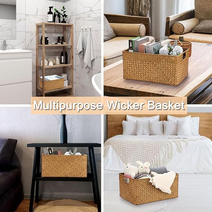 Hipiwe Seagrass Storage Baskets Bin for Shelf Handwoven Wicker Baskets Built-in Handles Rectangular Closet Bedroom Organizer Box Multipurpose Woven Basket Bins,14.6"x 10.6"x 7.1"