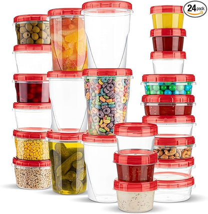 PLASTICPRO 24 Pack Twist Top Containers Assorted Sizes Plastic Food Storage Containers with Red Twist on Lids Stackable Reusable