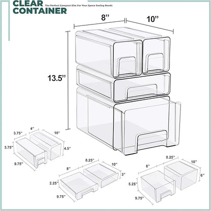Sorbus Clear Stackable Storage Drawers, 4-Piece Set 1 Large, 1 Medium & 2 Small Pull-Out Plastic Organizer Bins with Handles for Bathroom, Closet, Pantry, Cabinet & Medicine Storage