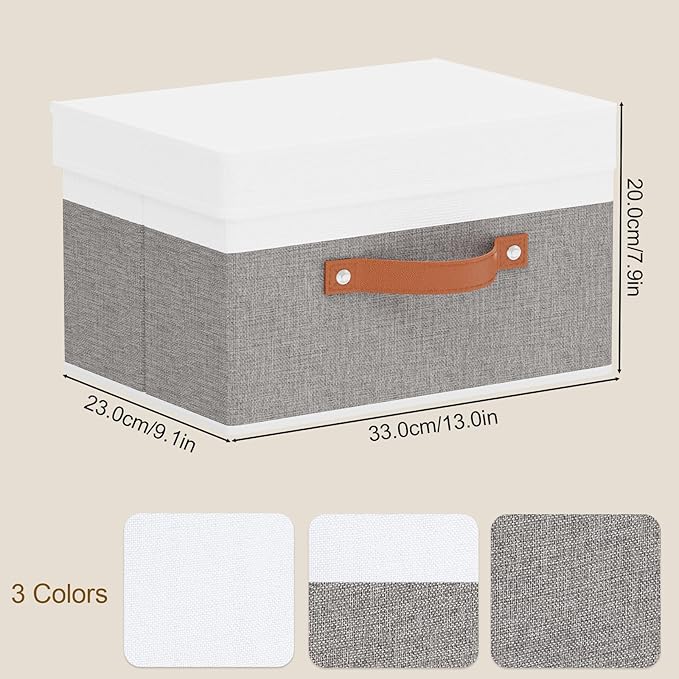 Fabric Storage Bin, Storage Basket with Lids, Closet Organizer Box with Handles for Shoes Books Towels, White and Grey, 1 Pack, 13 x 9.1 x 7.9 Inch