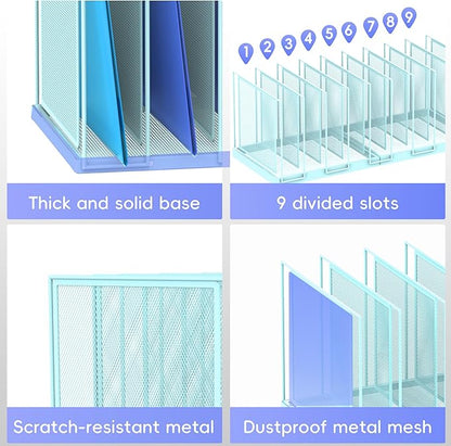 9-Section Desk File Organizer, Vertical File Holder, Mesh Desktop File Folder Metal File Organizer Stand for Office Home Classroom, Blue