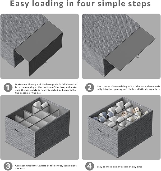 FHSQX 4 Pack Shoe Organizer for Closet,Foldable Shoe Organizer,Fits up to 48 Pairs,Storage Containers with Bottom Support for Shoes (Dark Grey, (16.5 * 12.6 * 9.5) x4)