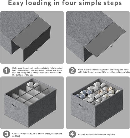 FHSQX 4 Pack Shoe Organizer for Closet,Foldable Shoe Organizer,Fits up to 48 Pairs,Storage Containers with Bottom Support for Shoes (Dark Grey, (16.5 * 12.6 * 9.5) x4)