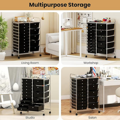 Giantex 15 Drawer Rolling Cart with Drawers, Storage Organizer Cart for Classroom Office School Teacher, Mobile Drawer Cart for Tools, Crafts, Small Printer, Black