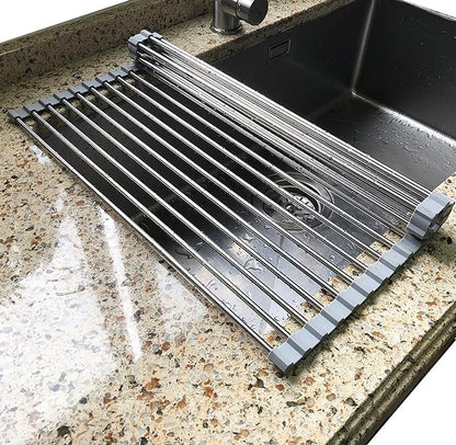 Tomorotec Roll Up Dish Drying Rack Over The Sink Grey Large Dish Drying Rack Rolling Foldable Collapsible SUS304 Stainless Steel Multipurpose Dish Drainer for Kitchen Counter (21”x11.8”)