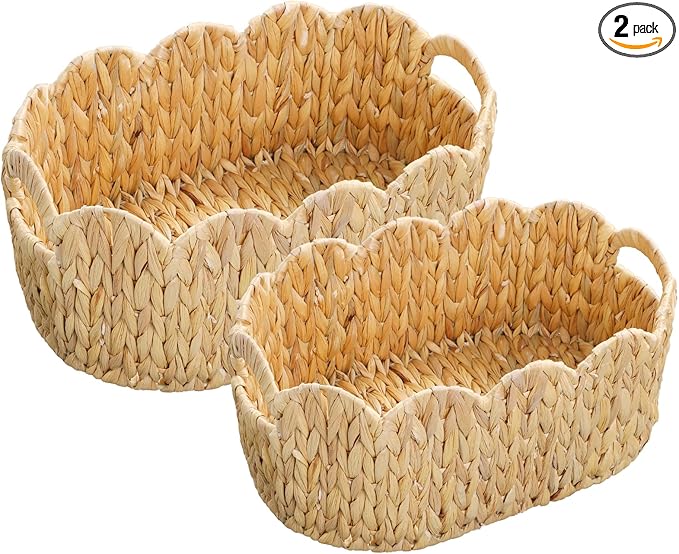 Scalloped Basket,Water Hyacinth Basket for Organizing and Decor,Hand-Woven Rattan Baskets with Built-In Handles for Living Room,Bedroom,Laundry,2 Pack