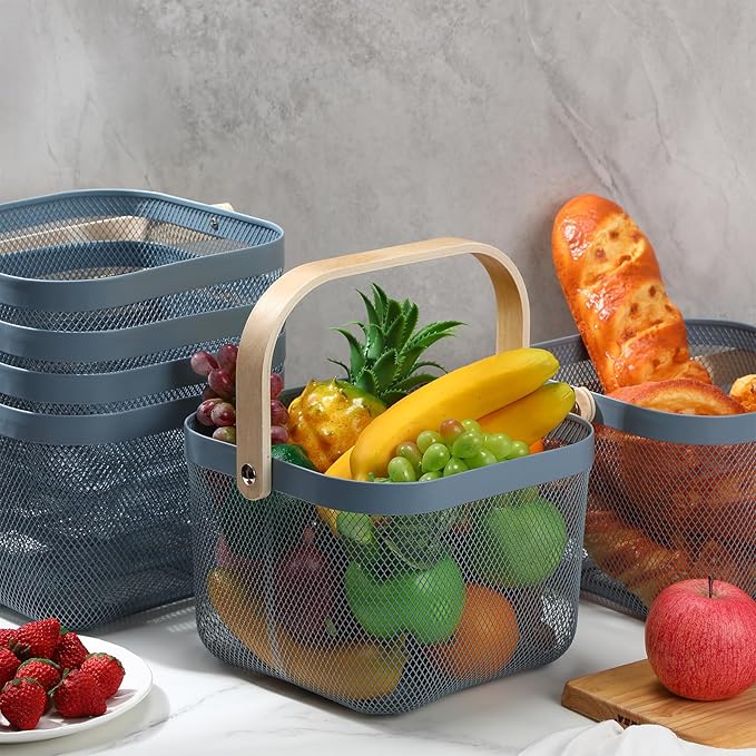 Roshtia 6 Pcs Metal Mesh Steel Basket with Handle, Rustic Square Wire Harvest, Shopping Baskets for Retail Store Garden Bathroom Kitchen(9.65 x 9.65 x 7.09 Inch,Blue)