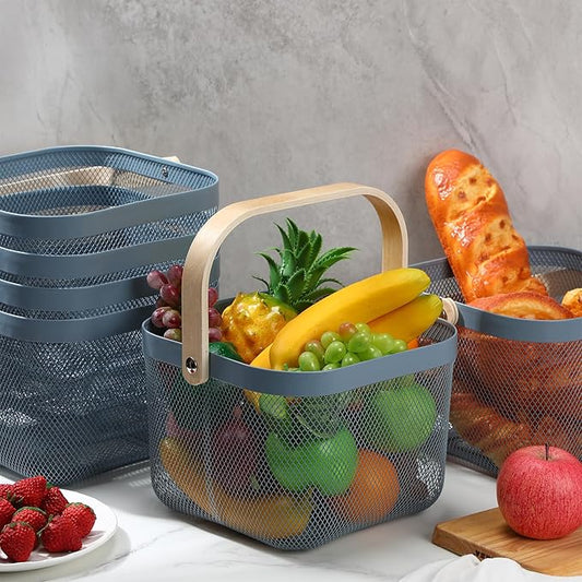 Roshtia 6 Pcs Metal Mesh Steel Basket with Handle, Rustic Square Wire Harvest, Shopping Baskets for Retail Store Garden Bathroom Kitchen(9.65 x 9.65 x 7.09 Inch,Blue)