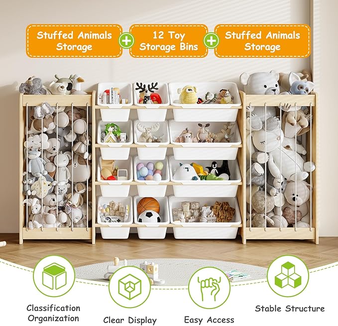 Large Toy Storage Organizer, Wooden Stuffed Animal Storage & 12-Bins Toy Organizer, Double-Sided Plush Toy Holder Featuring Thicker Ropes, Space Save Playroom Nursery Bedroom Storage, White