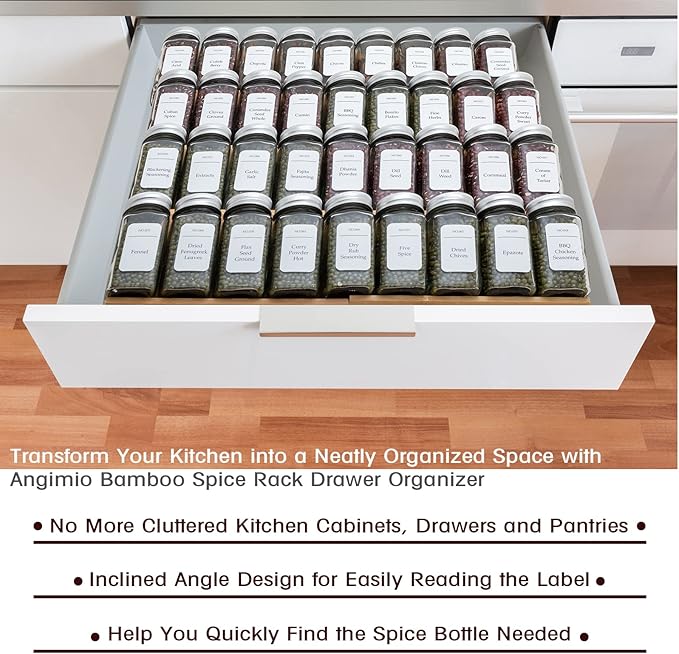 Angimio Bamboo Spice Rack Drawer Organizer - 8 Piece Set - 8" or 16" Wide