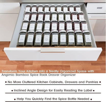 Angimio Bamboo Spice Rack Drawer Organizer - 8 Piece Set - 8" or 16" Wide