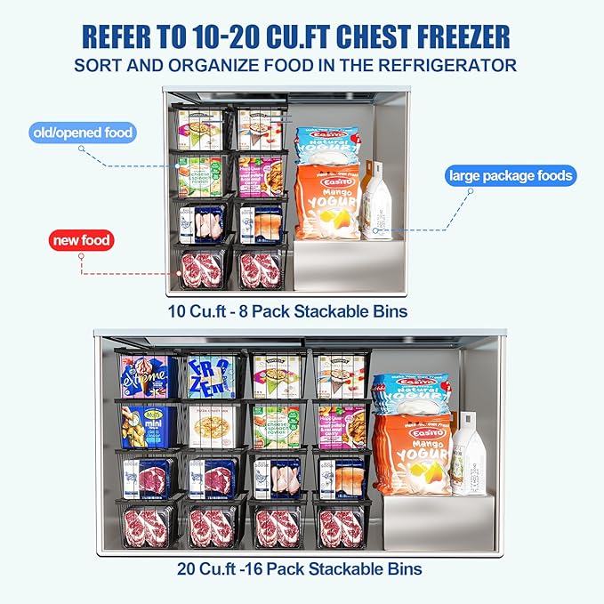 Stnopw 4Pcs Freezer Organizer Bins,Stackable Freezer Storage Containers,Deep Freezer Organizer Bins Effectively Classify Food,Foldable Side Handles freezer organizer bins for Extra Storage Space
