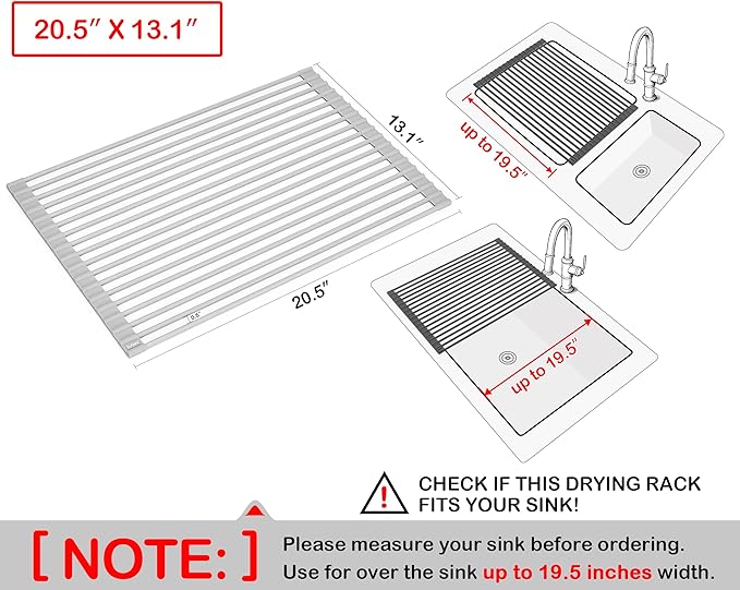 Surpahs 20.5 x 13.1 Inch Roll-Up Dish Drying Rack, Fits Sinks up to 19.5 Inch Wide, Heavy-Duty Premium Silicone, Strong Support, Non-Slip, Heat-Resistant, Warm Gray