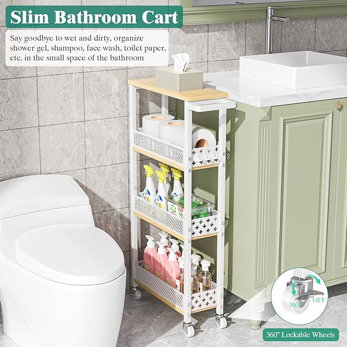 Giwil 4-Tier Slim Rolling Storage Cart for Kitchen Bathroom Organizer, Mobile Narrow Storage Cabinet Utility Cart with Wood Rack on Wheels for Pantry Laundry Small Space, White