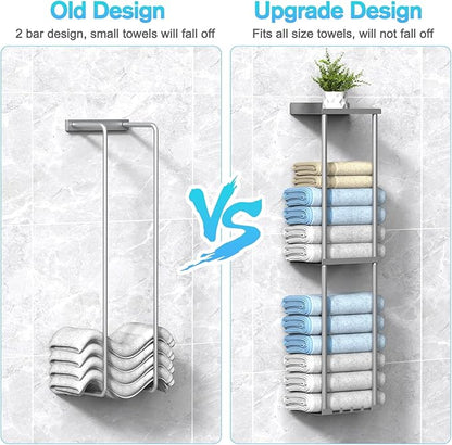 Towel Rack Storage for Bathroom, Wall Mounted Vertical Rolled Towel Organizer Holder with Shelf, Holds Up 6 Large Bath Sheets, Silver Grey