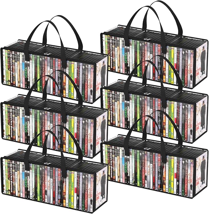 Lifewit DVD Storage Bags, Clear PVC DVD Case Holder with Handles, Front Window Zipper Design, Stackable Media Organizer for Blu Ray Disc, Movie Cases, VHS Box, Hold 210 Pcs DVDs (35 Each), 6 Pack