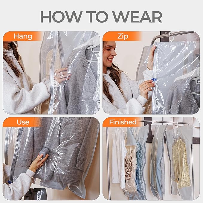 Hanging Vacuum Storage Bags 8 Pack Hanging Vacuum Seal Bags for Clothing Coat Storage Suit Bags, Hanging Plastic Clothes Cover for Coat Dress Fur Shirt Vacbird