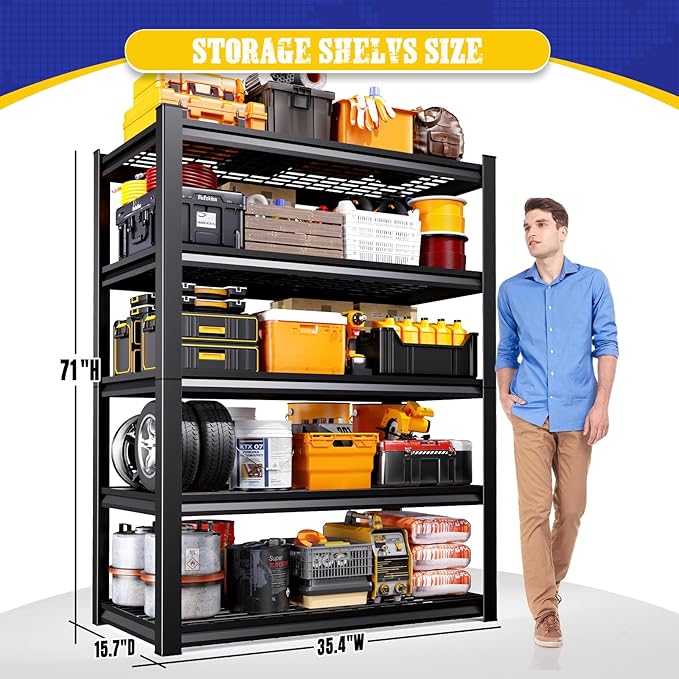 Set of 2 Garage Shelving Heavy Duty 5-Tier Storage Shelves, Adjustable Metal Shelving Unit, Utility Garage Organizer Shelf for Basement, Pantry, Kitchen, Warehouse,15.7" Dx35.4 Wx71 H, Black