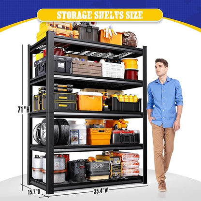 Set of 2 Garage Shelving Heavy Duty 5-Tier Storage Shelves, Adjustable Metal Shelving Unit, Utility Garage Organizer Shelf for Basement, Pantry, Kitchen, Warehouse,15.7" Dx35.4 Wx71 H, Black