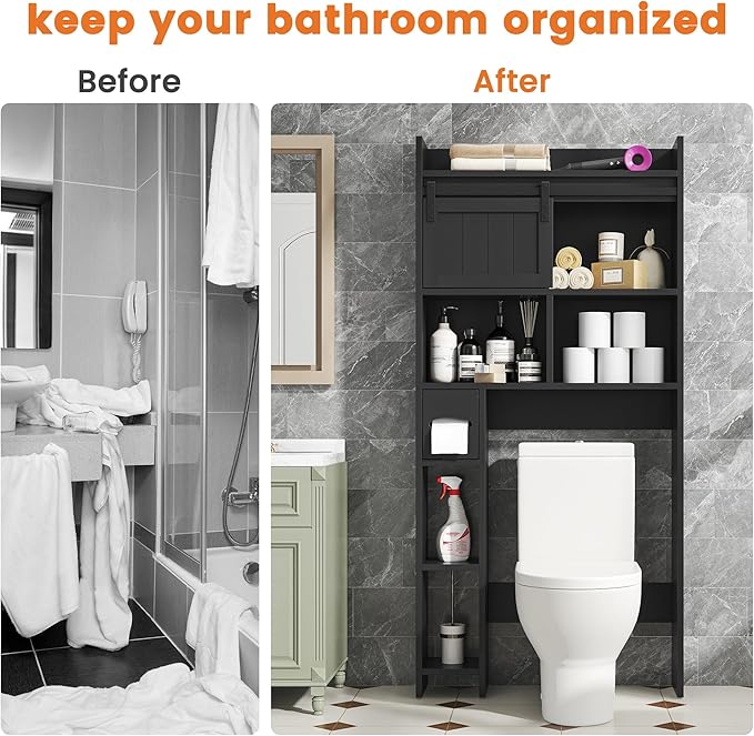 Semoic Over The Toilet Storage Cabinet, Over The Toilet Shelf with Sliding Door & Toilet Paper Holder Stand, Bathroom Above Toilet Storage, Home Space-Saving Toilet Rack for Bathroom, Restroom, Black