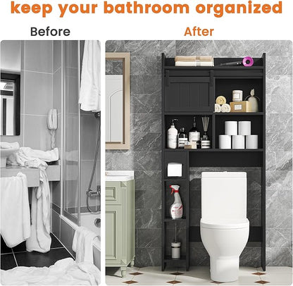 Semoic Over The Toilet Storage Cabinet, Over The Toilet Shelf with Sliding Door & Toilet Paper Holder Stand, Bathroom Above Toilet Storage, Home Space-Saving Toilet Rack for Bathroom, Restroom, Black